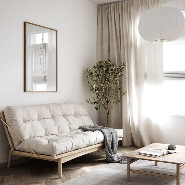 Le canapé-lit Folk de Karup Design dans le salon avec des couleurs naturelles